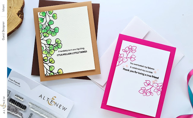ALtenew True friends stamp set and stencil bundle, Friendship cards, CAS cards for friends, Leaf cards, card with leaves, Clean and simple cards, Quillish, Guest designer Ishani, Altenew guest designer
