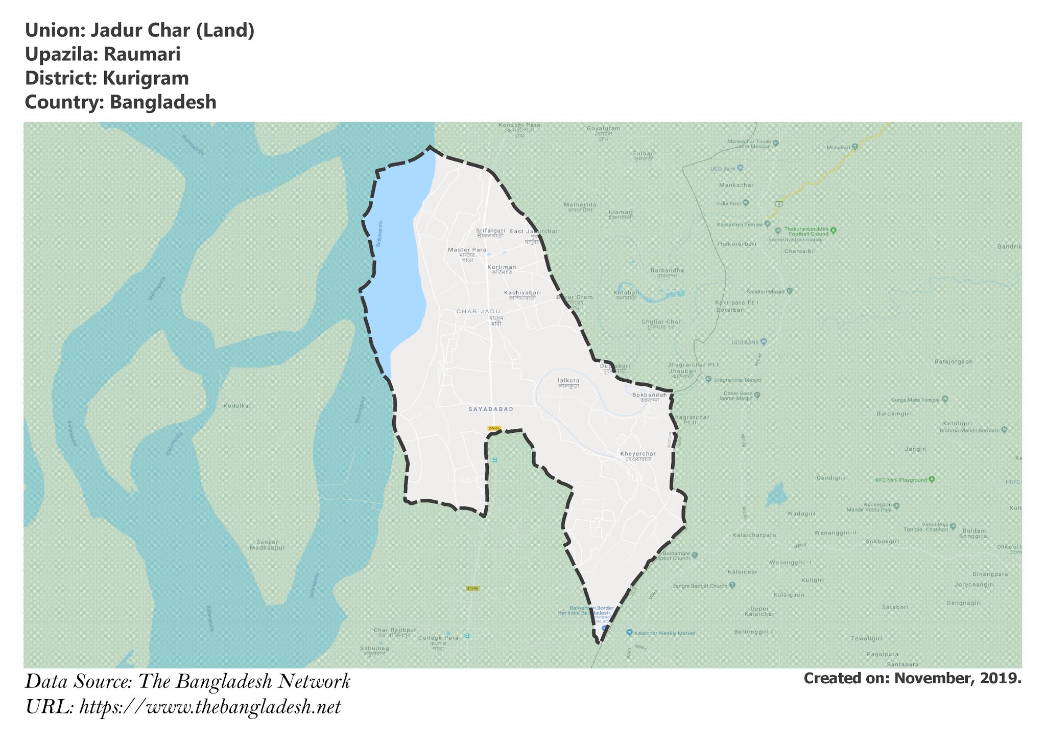 Map of Jadur Char of Kurigram, Bangladesh.
