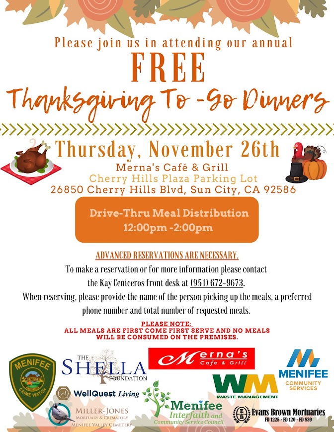 Rsvp Now For A Free Thanksgiving Meal In Menifee | Menifee 24/7