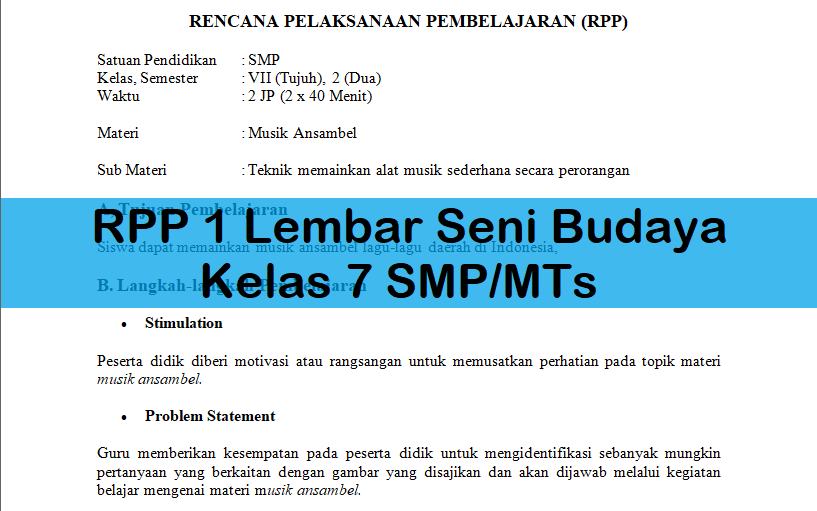 RPP SMP 1 Lembar SENI BUDAYA Kelas 7 Semester 1 Revisi