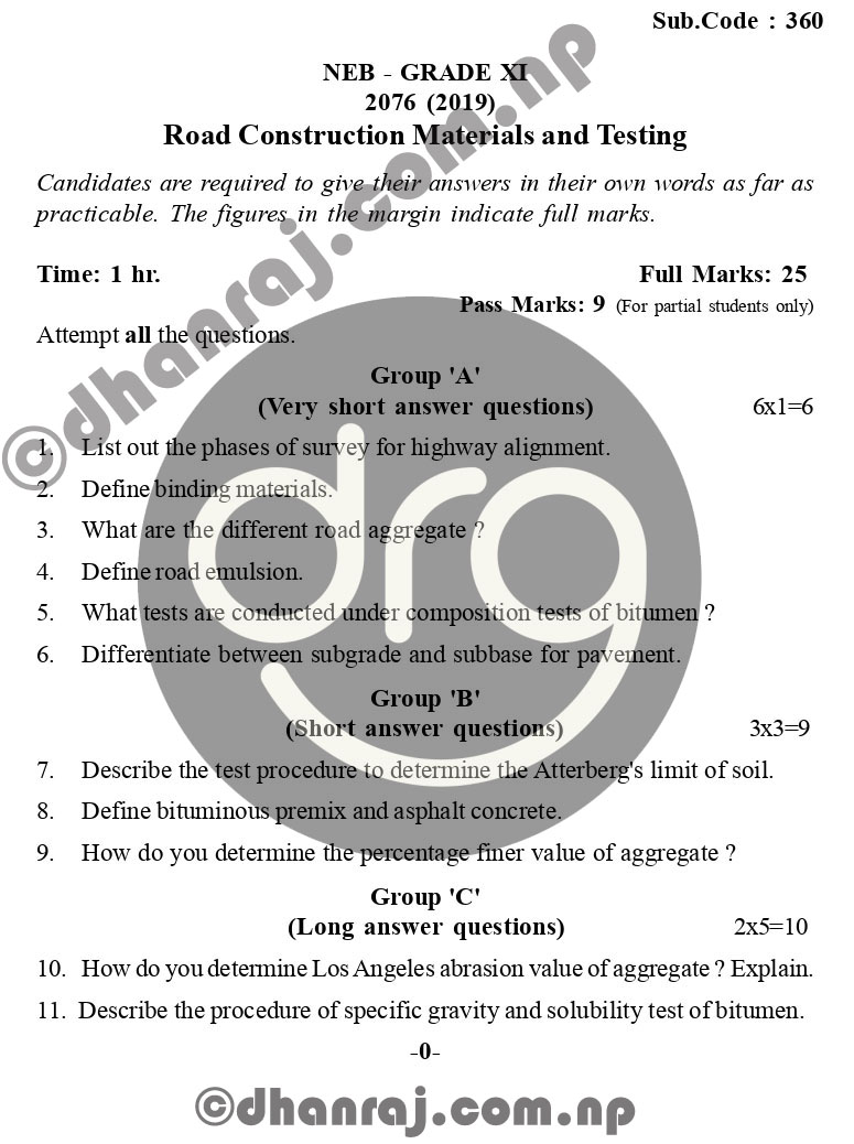 Road Construction Materials and Testing Grade 11XI Question Paper 2076 (2019) Subject