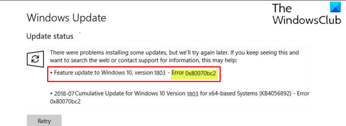 Ошибка Центра обновления Windows 0x80070bc2
