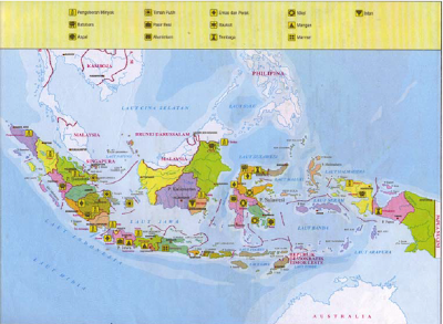 Contoh peta wilayah yang menggambarkan tempat sumber daya alam di Indonesia. (Sumber: Atlas Indonesia, Dunia & Budaya, Depdikbud)