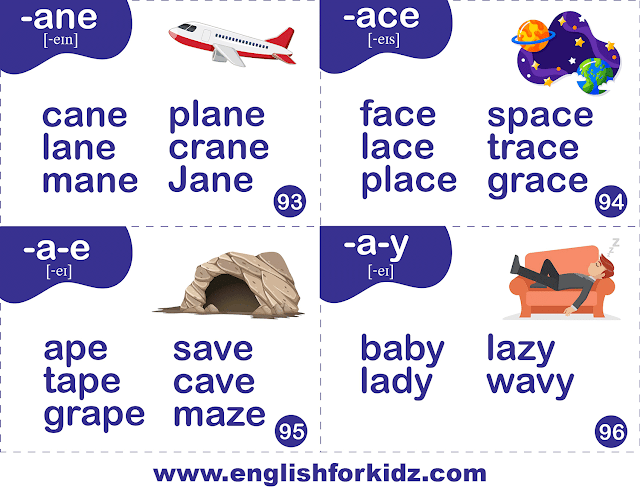 Long a sound words - printable flashcards for ESL students