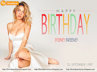 nymph american emerging actress sydney sweeney deep boobs exposing white dress photograph along hbd quote, sitting on floor with bare leg, feet
