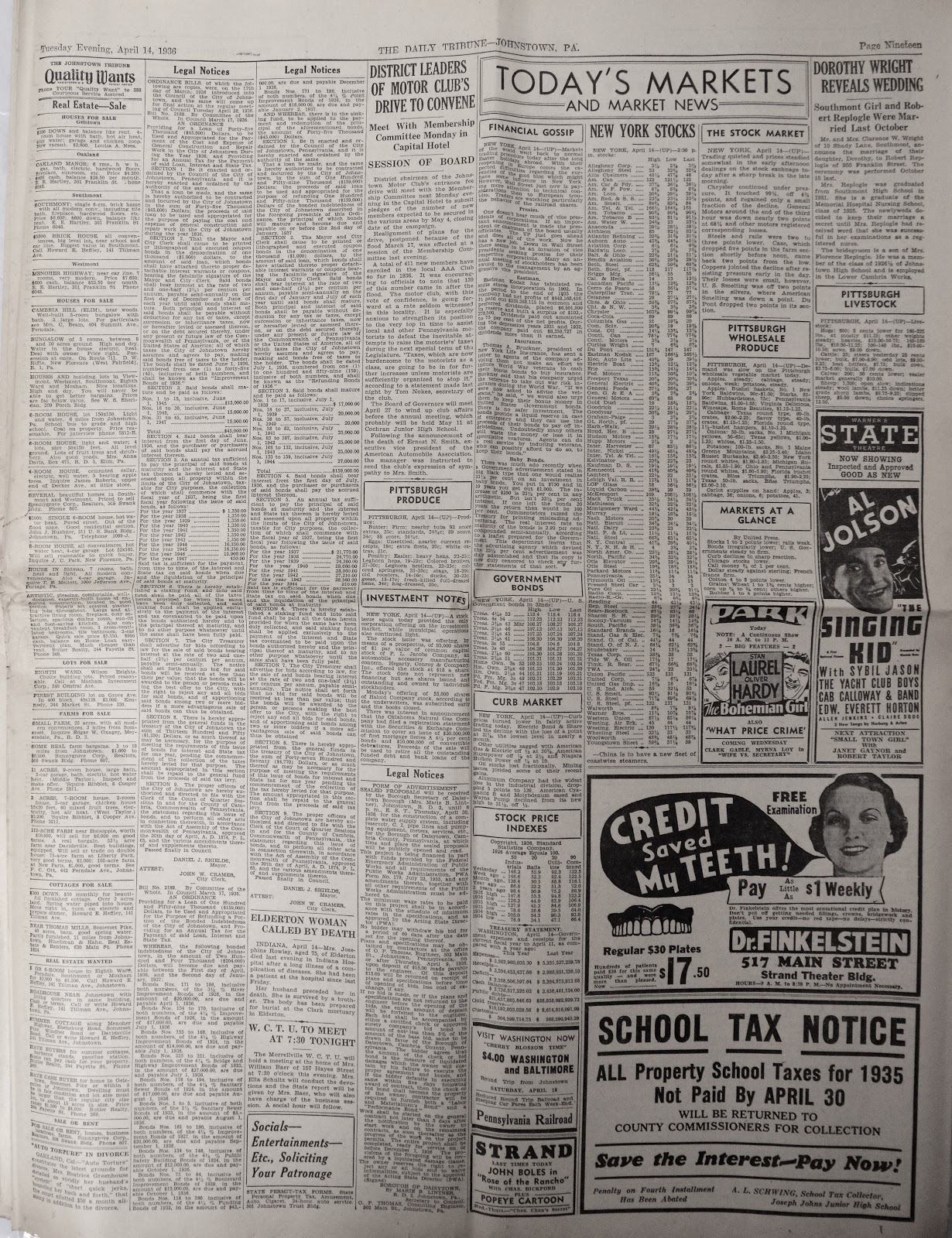 Old Johnstown Newspapers 14 April 1936 The Johnstown Tribune Evening Edition