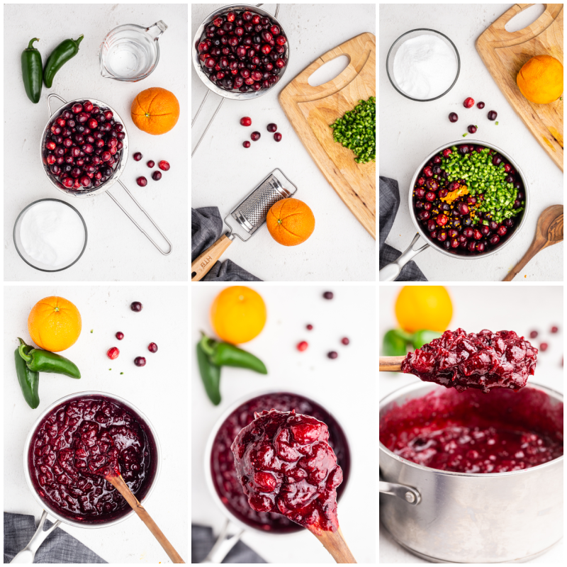 Six photos of the process of making keto cranberry sauce.