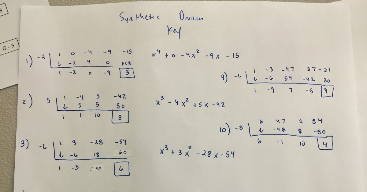 Honors Algebra II Synthetic Division Sudoku answer key