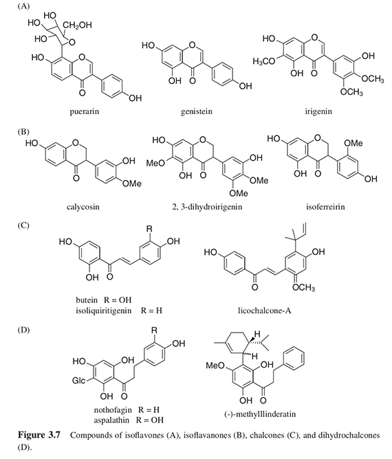 Compounds of isoflavones (A), isoflavanones (B), chalcones (C), and dihydrochalcones