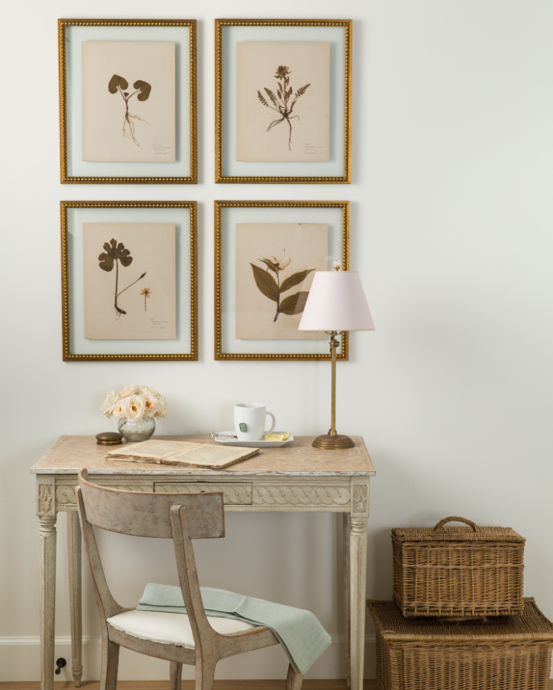 Swedish antique writing table and botanical prints in French Country beach house by Giannetti Home - found on Hello Lovely Studio