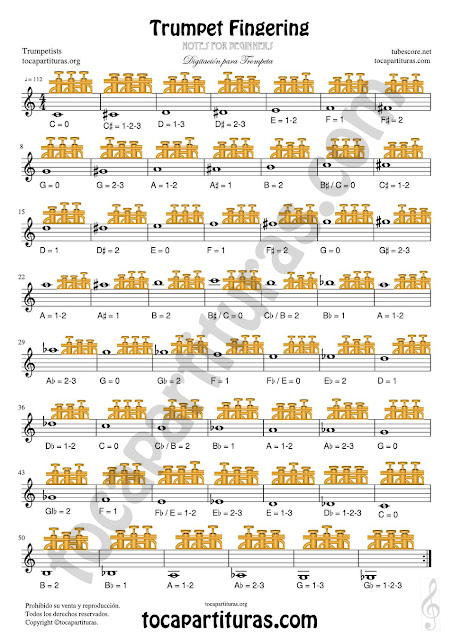 Trumpet Fingering Chart Sheet Music with English Notes, Numbers and pictures for trumpetists and class of trumpet music JPG Digitación notas en inglés