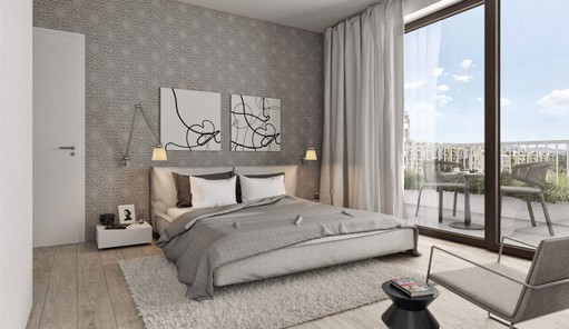 Schlafzimmer-hellgrau-zeitgenössisch-Design-mit-wunderschöne-Tapeten-muster-inklusive-moderne-einrichtung-auf-dem-holzboden-Ideen-1024x593