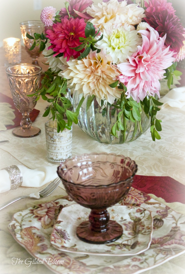Vintage Wine and Mulberry Table- Create a layered early fall table with candlelight and dahlias.  www.gildedbloom.com #tablesttings