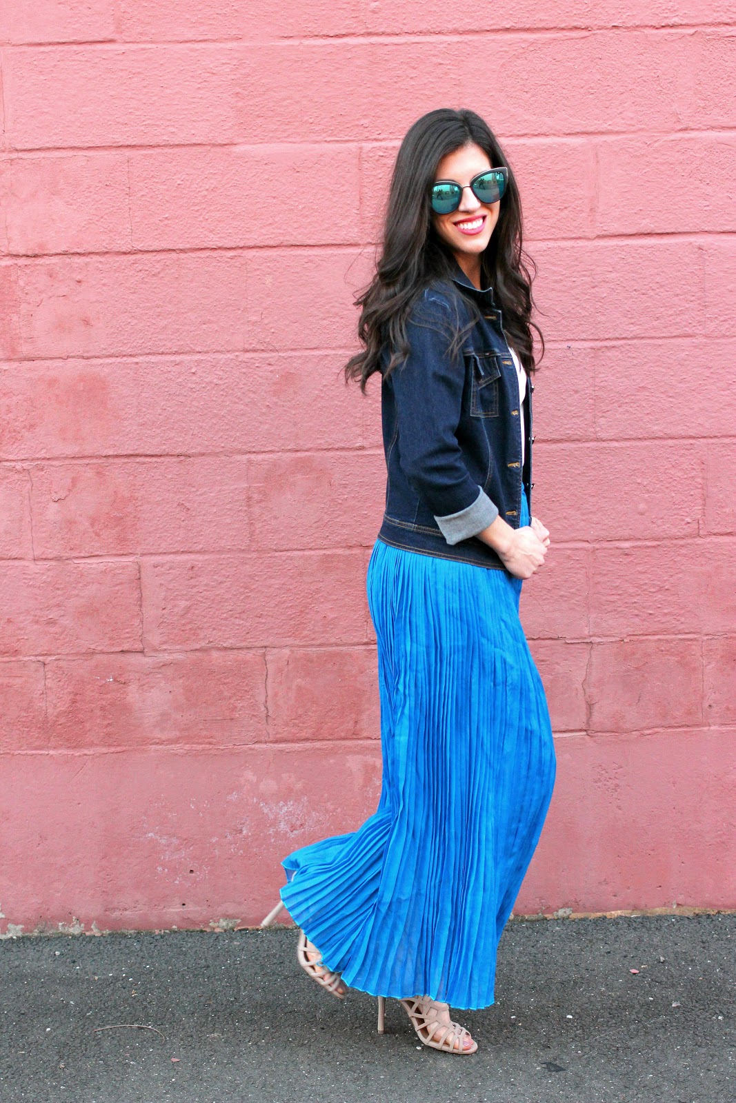 Beautifully Candid: Maxi Pleated Skirt and Denim Jacket