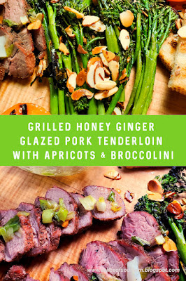 Grilled Honey Ginger Glazed Pork Tenderloin with Apricots & Broccolini:  Juicy pork tenderloin is spiced just right and then glazed with a ginger honey scallion sauce and served with grilled apricots and broccolini with toasted almonds. - Slice of Southern