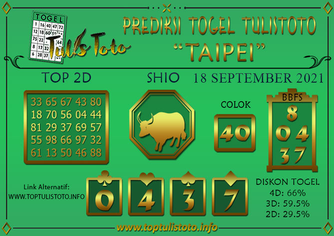 Prediksi Togel TAIPEI TULISTOTO 18 SEPTEMBER 2021