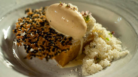 Pumpkin, Turkish delight and tahini ice-cream in a serving dish