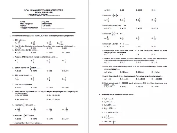 Soal Uts Pts Matematika Kelas 5 Semester 2 Dan Kunci Jawaban Tahun 2021 Info Pendidikan Terbaru