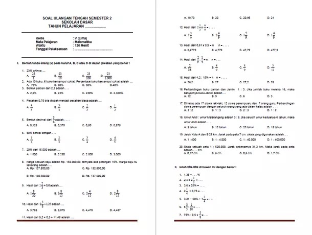 Soal Matematiaka Uts Kls 5 Smtr 2 K 13