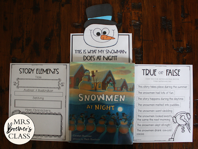 Snowmen at Night book activities unit with Common Core aligned literacy companion activities and a craftivity for winter in Kindergarten and First Grade