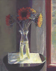 SOLD: SUNFLOWERS ON A WHITE CLOTH; casein on panel; 10" x 8"; 2018 Mary Nagel Klein