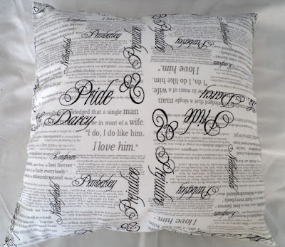 Throw pillow made with Pride & Prejudice fabric by eSheep Designs