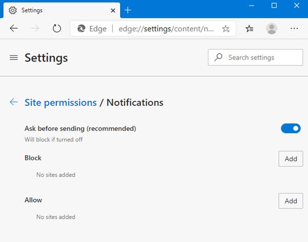 Désactiver les notifications Web dans le navigateur Edge