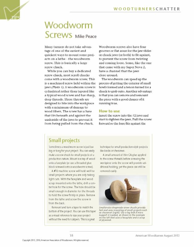 Hiawatha Woodturning Club AAW Info on Woodworm Screws