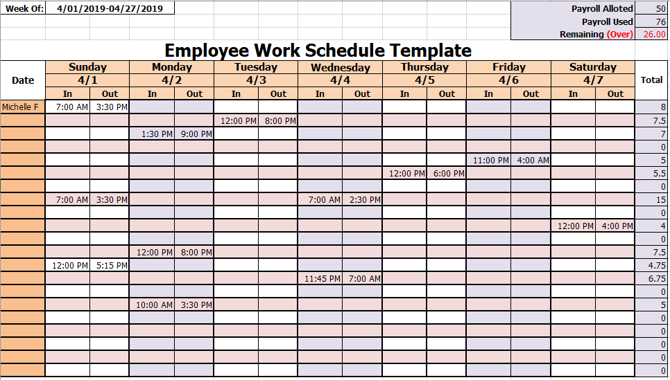 Work Schedule Template for Multiple Employees