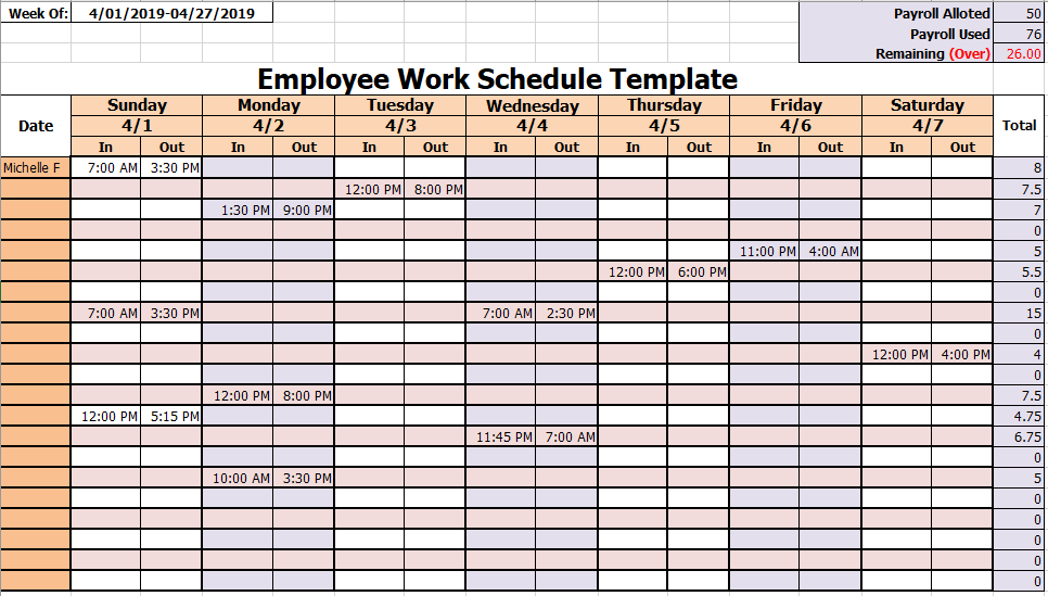 Work Schedule Template For Multiple Employees