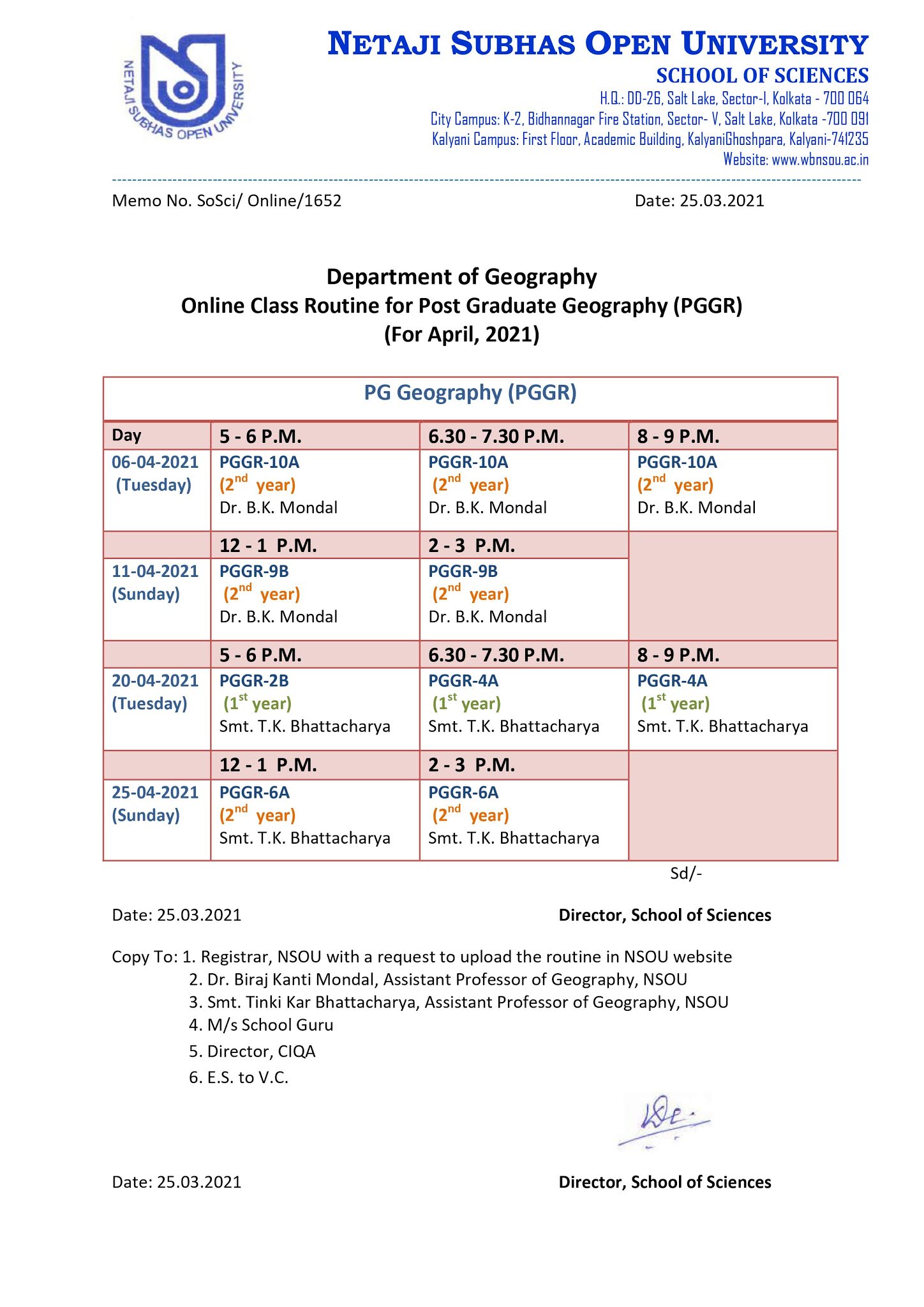 Department of Geography Online Class Routine for Post Graduate