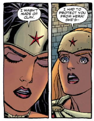 Image from Wonder Woman #2 (2011) by Brian Azzarello and Cliff Chiang with textual dialogue between DIana and Hippolyta: D: "I wasn't made of Clay." H: "I had to protect you from Hera! She's--"