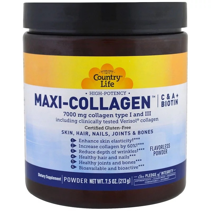 Country Life, Maxi-Collagen, витамины C и A плюс биотин, высокоэффективный порошок без запаха, 7.5 унций (213 г)