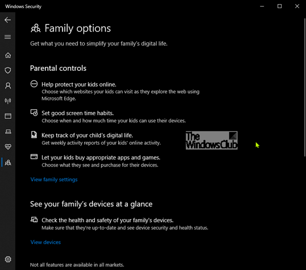 Opciones familiares en Windows 10