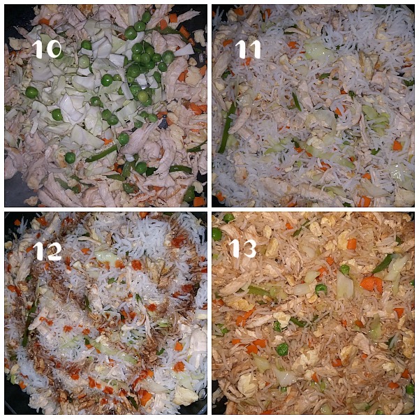 Learn how to make this easy recipe of authentic homemade chinese chicken fried rice with egg and vegetables all tossed together in a wok to make it better than takeout and just like restaurant style. #savorybitesrecipes #friedrice #chickenfriedrice #chicken #easyrecipe #betterthantakeout #chinesefood #dinnerrecipes #asian steps to make better than takeout chicken fried rice