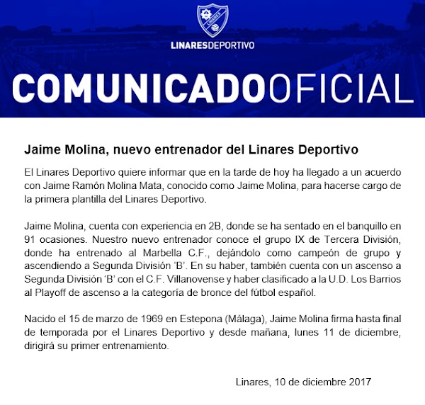 Oficial: El Linares Deportivo firma a Jaime Molina como técnico