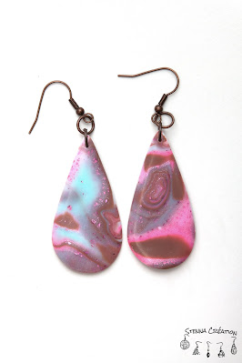 Boucles oreilles pâte polymère Mokume Gane Rose Taupe Vert Cernit Fimo Stenna Création