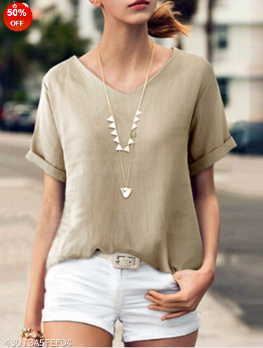 Summer Linen Women V-Neck Plain Short Sleeve Blouses