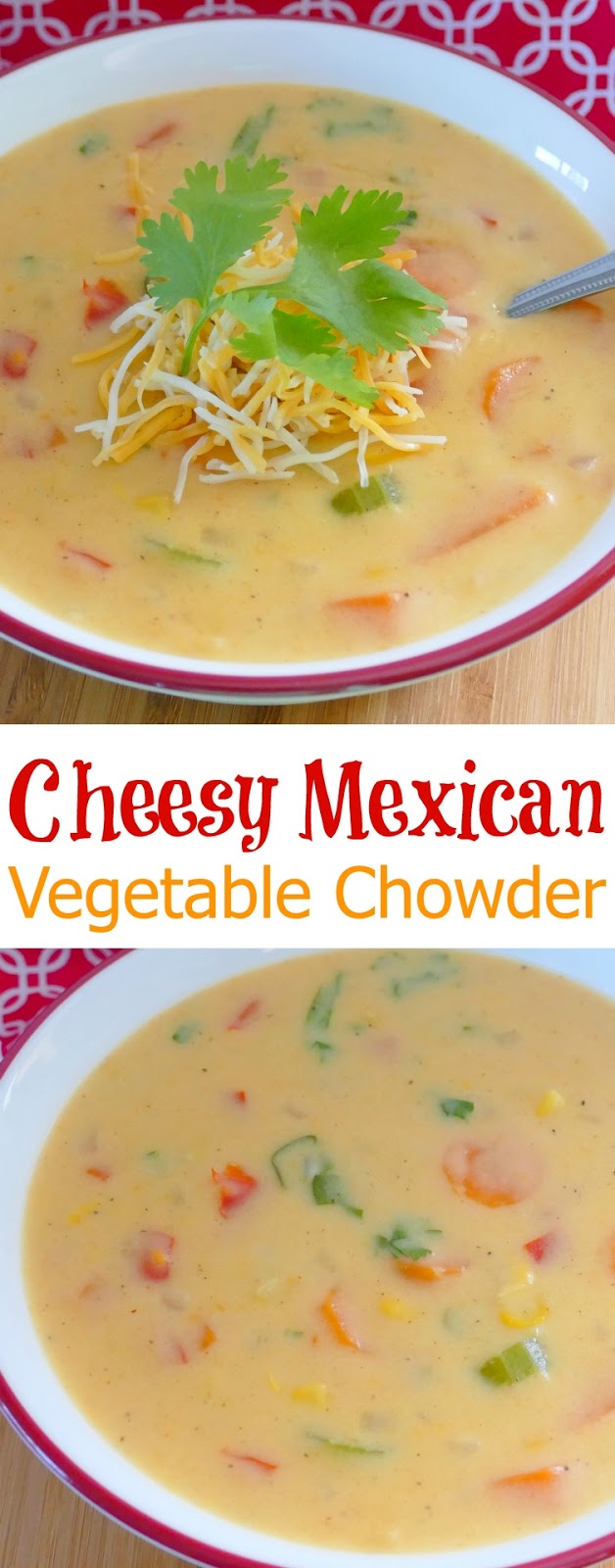 This easy, meatless soup is ready in 30 minutes! The Mexican flavors make this cheesy chowder absolutely delicious! The combo of carrots, celery, onion, bell pepper and corn make this soup so hearty! Add shredded rotisserie chicken if you're a meat lover!