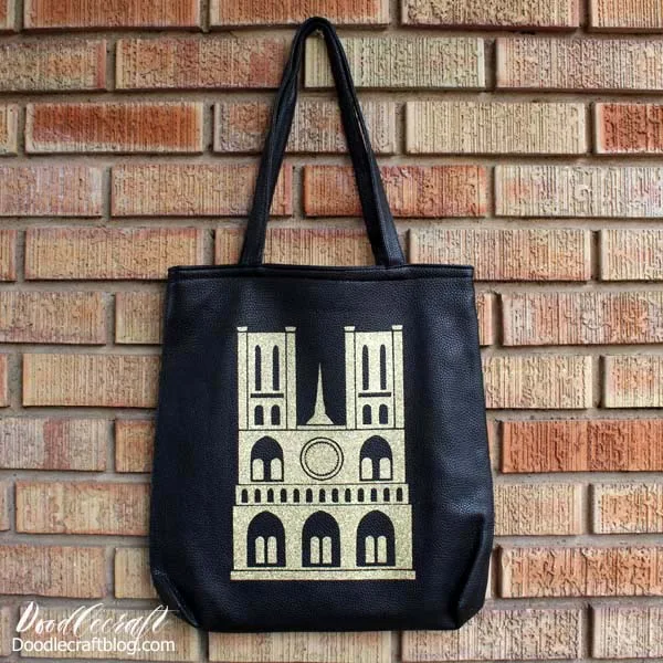 In memory of the Notre Dame cathedral this tote bag is Paris coture in gold glittery vinyl.