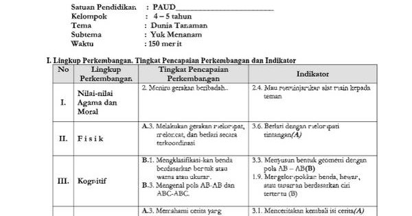 RKH Tema Dunia Tanaman Sub Tema Yuk Menanam Administrasi