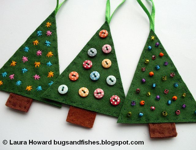 felt christmas tree ornaments decorated with embroidery buttons and beads