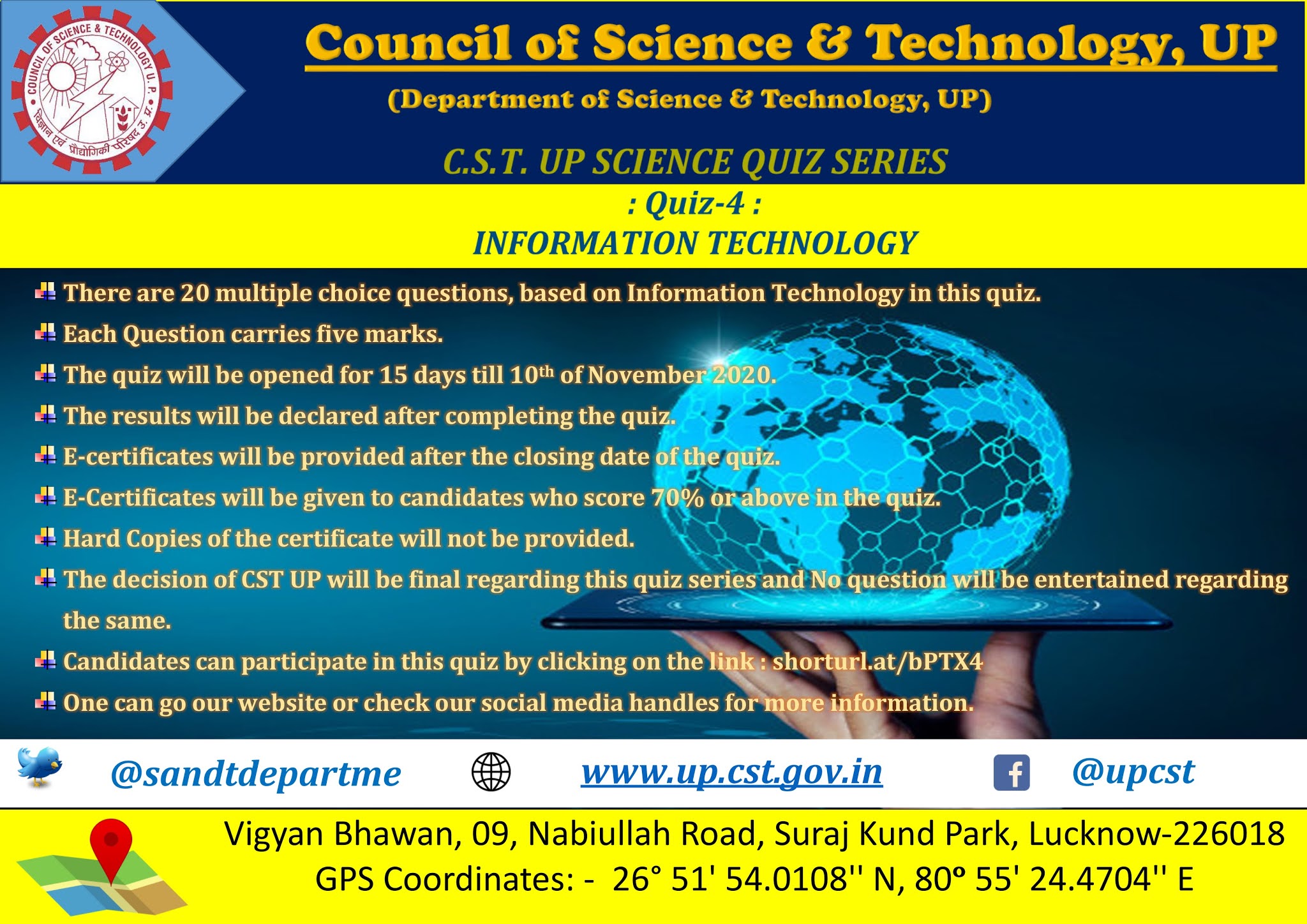 Participate in Free Certificate Online Quiz by Council of Science & Technology U.P. on