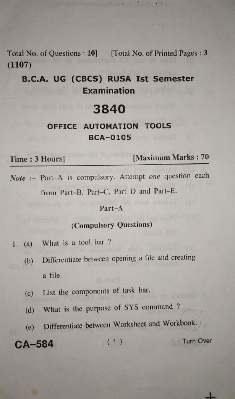 BCA Office Automation Tools Question Paper HPU