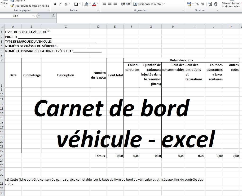 Exemple de carnet de bord entretien véhicule en format excel avec toutes les informations qui intéressent les conducteurs et les employés.