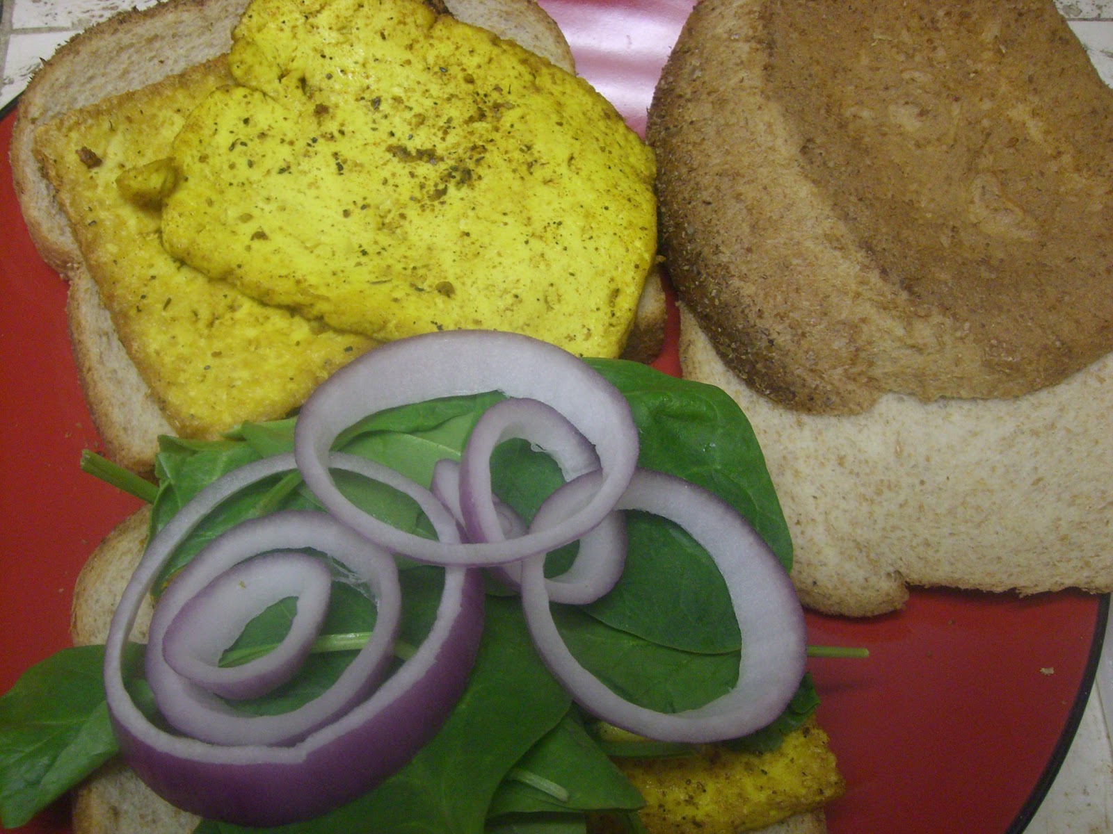 AfroVeganChick Fried "Egg," Spinach, & Garlic Jalapeño Havarti Sandwiches
