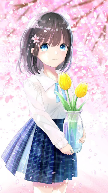 Cute girl, cherry blossoms, flower, anime wallpaper