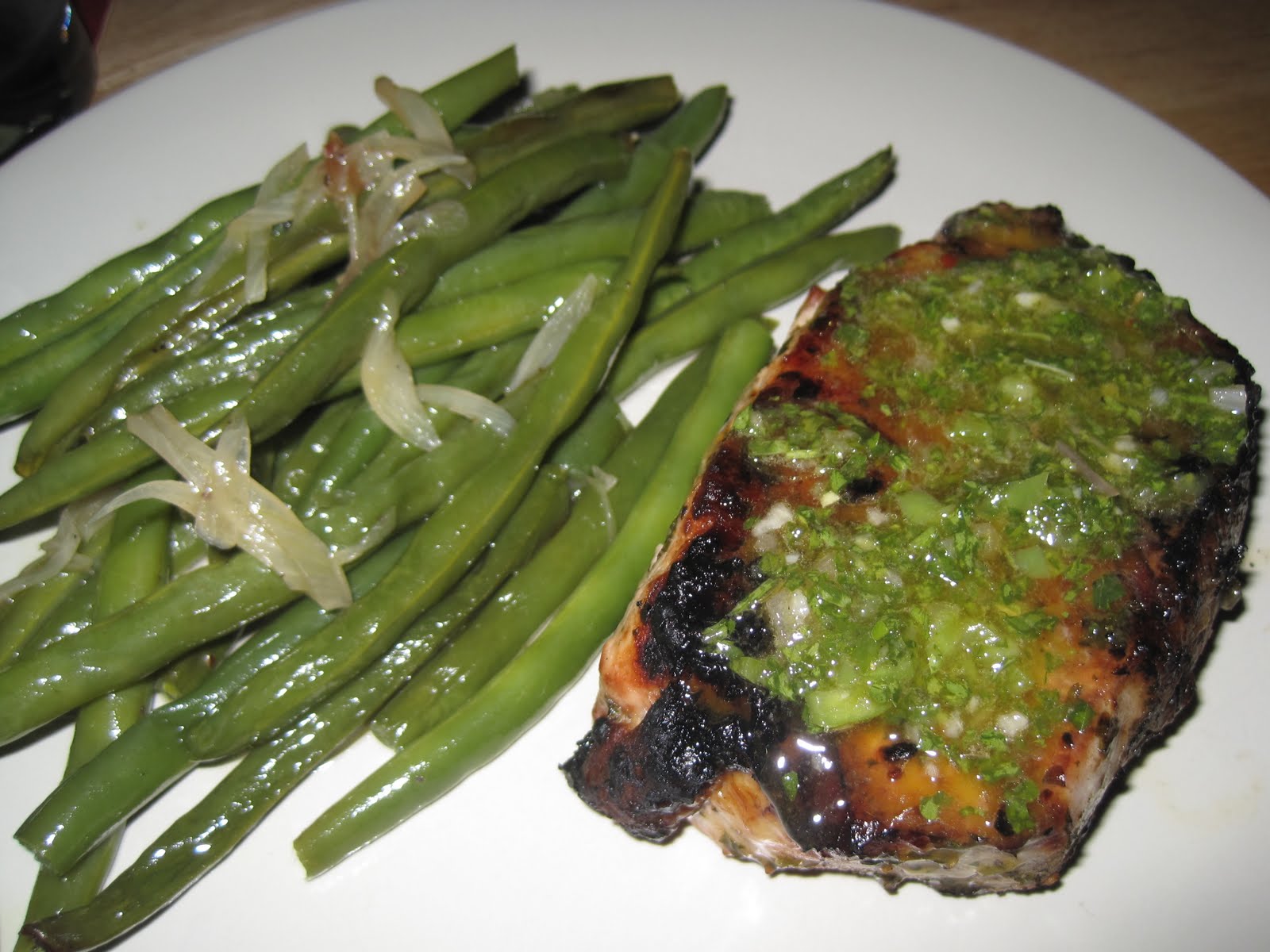 Absolute Eats GRILLED PORK CHOPS & MIXED HERB CHIMICHURRI w. GREEN BEANS