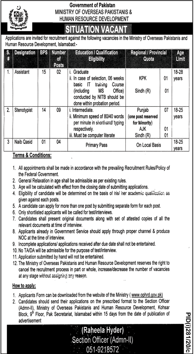 Ministry of Overseas Pakistani and HRD Jobs 2020 Application Form Download