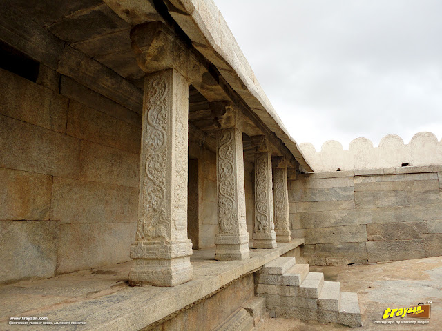 Designs on Saree borders and other fabrics are told to be inspired by these intricately carved pillars inside the Veerabhadra Swamy Temple complex at Lepakshi, in Andhra Pradesh, India